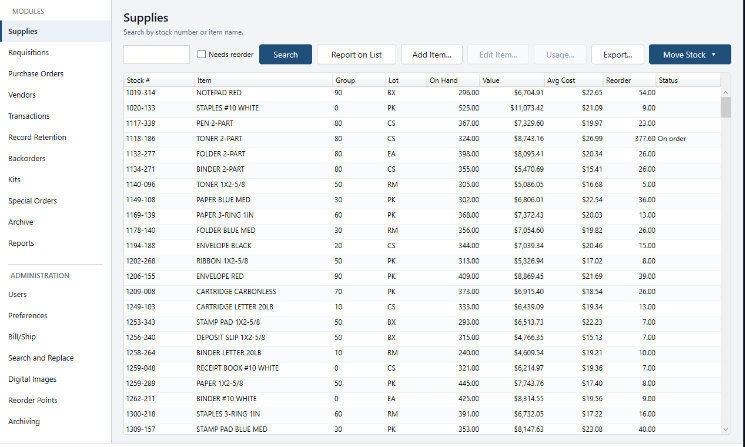Inventory Ultra Supplies screen: a list of stock items with on-hand quantity, value, average cost, and reorder points, with modules for requisitions, purchase orders, vendors, and reports down the left side.