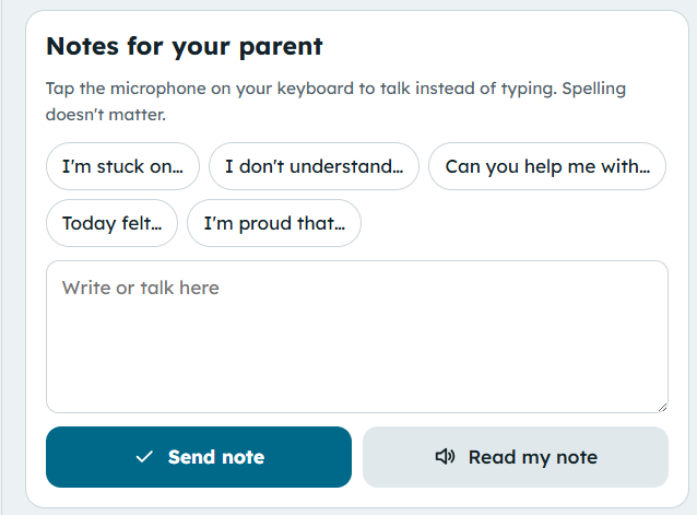 OnTrack Notes screen: sentence starters like I'm stuck on and I'm proud that, a box to write or talk a note to a parent, and a read-my-note button.